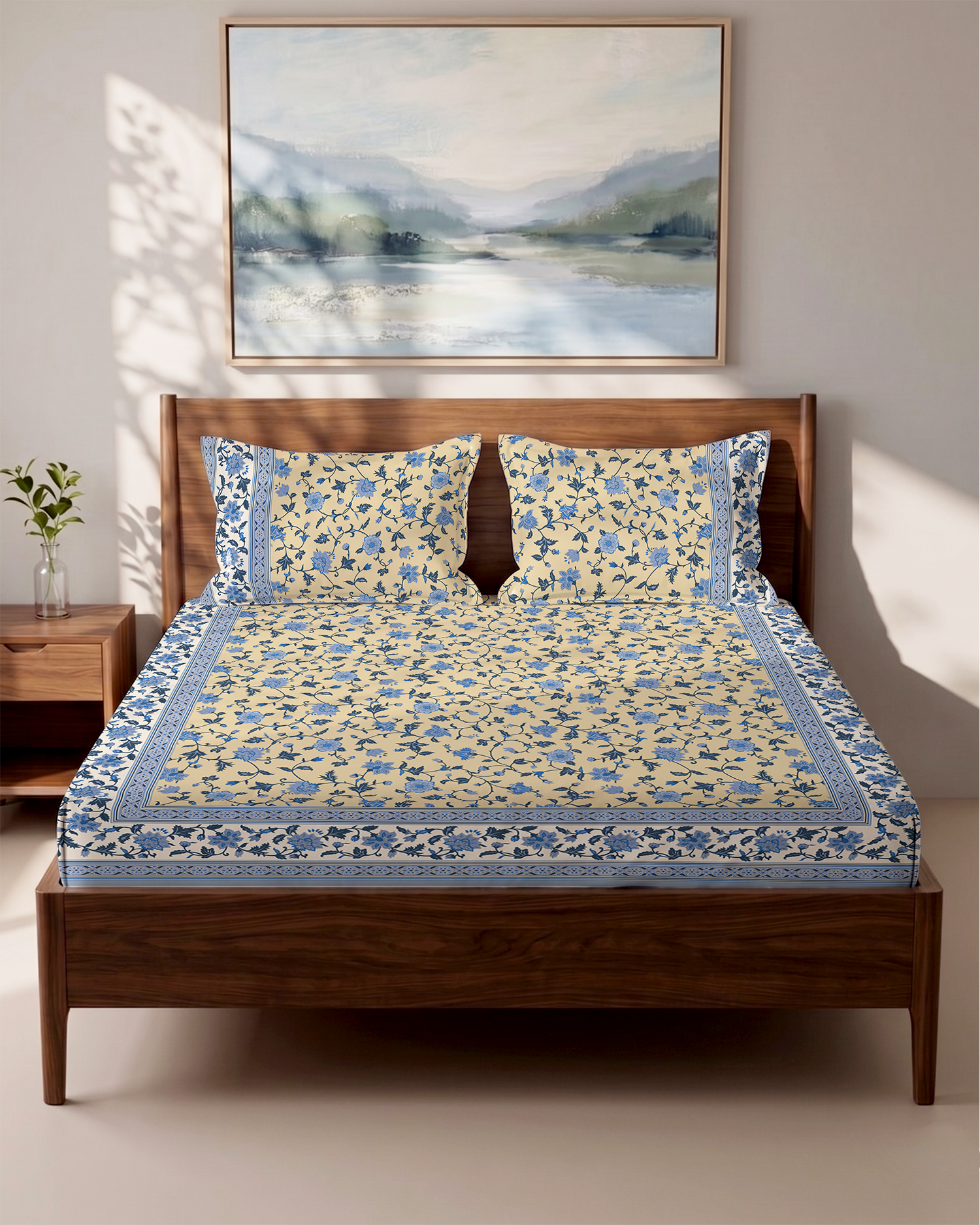 Bagh Yellow 100% Cotton King Size Bedsheet - 200 TC With 2 Pillow Covers