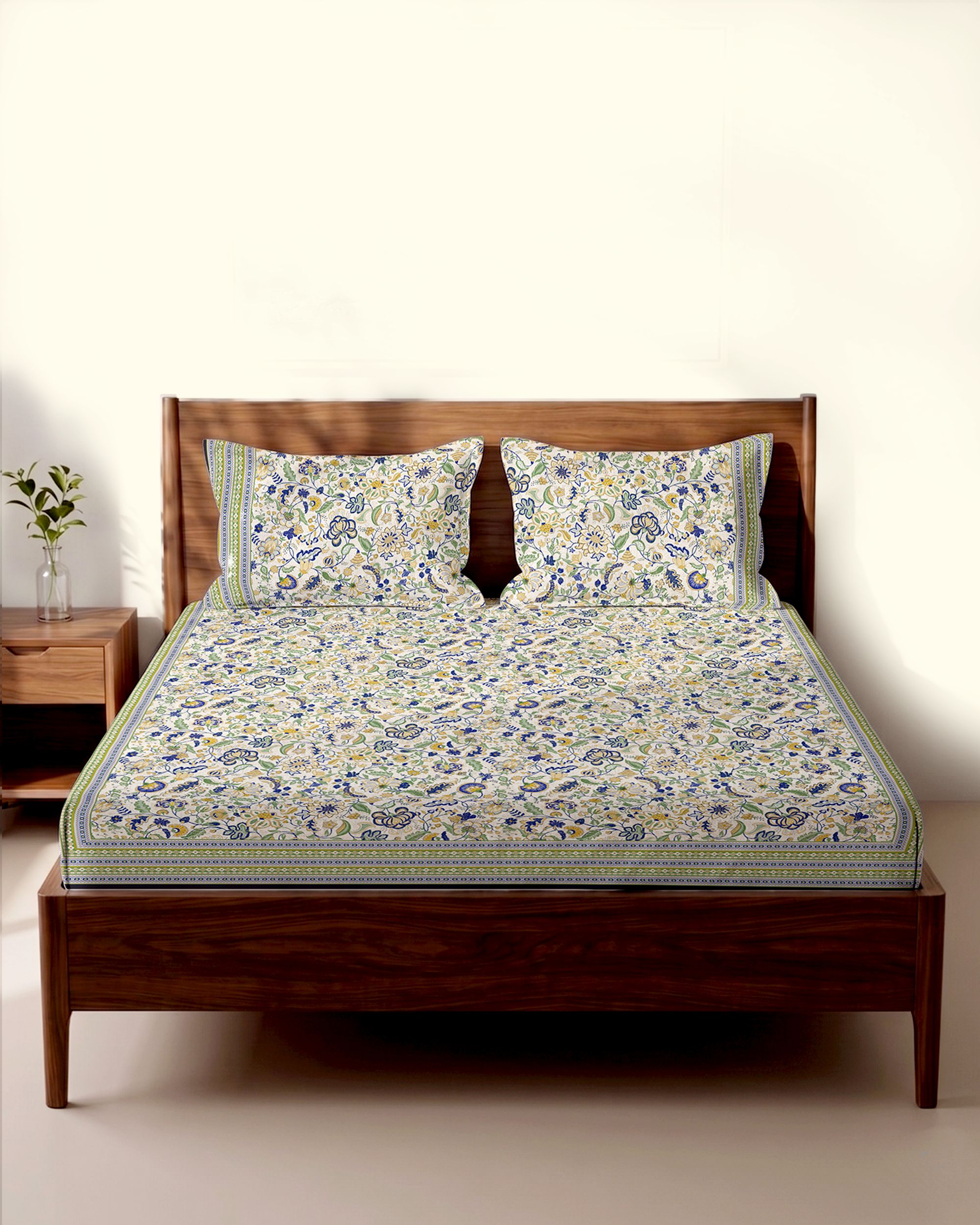 Dahlia Green 100% Cotton King Size Bedsheet - 200 TC With 2 Pillow Covers